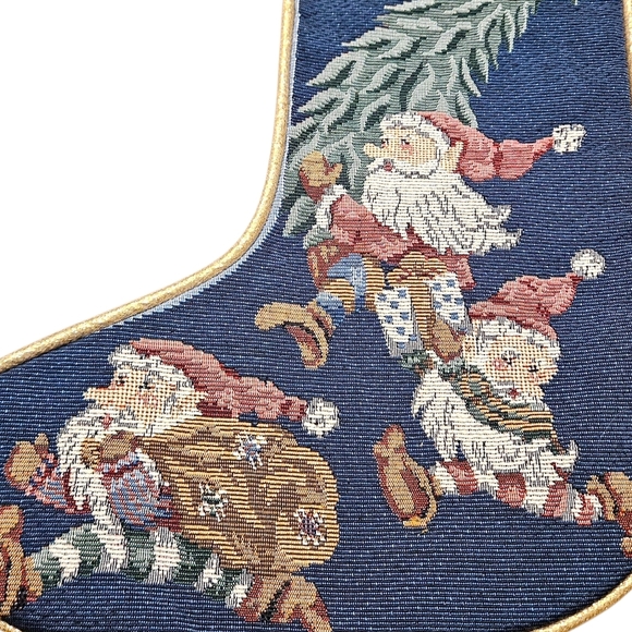 Vtg Needlepoint Christmas Stocking Santa Elves Tree Merry Christmas Gold Trim - Picture 3 of 5